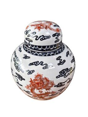 Hand-Painted Porcelain Ginger Jar & Lid Featuring Red Dragon, Cloud and Sea Wave